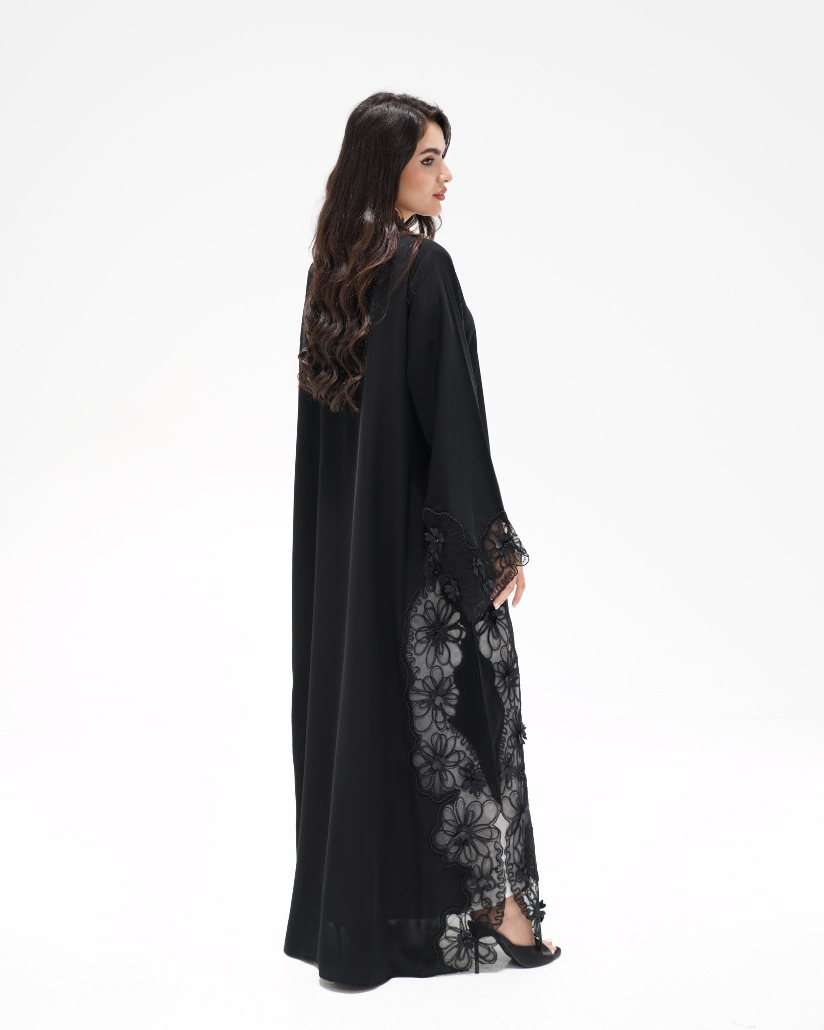 R325 Black LaserCut Floral Embroidery Lace Abaya Abaya for Women UAE – Abaya – Rutba Fashion Abaya