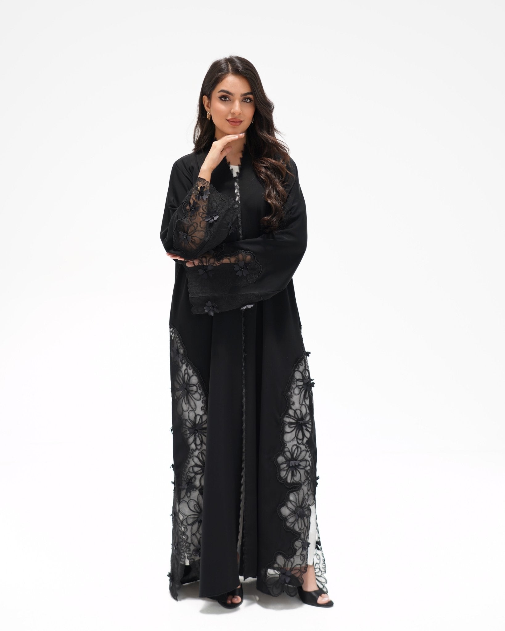 R325 Black LaserCut Floral Embroidery Lace Abaya Abaya for Women UAE – Abaya – Rutba Fashion Abaya