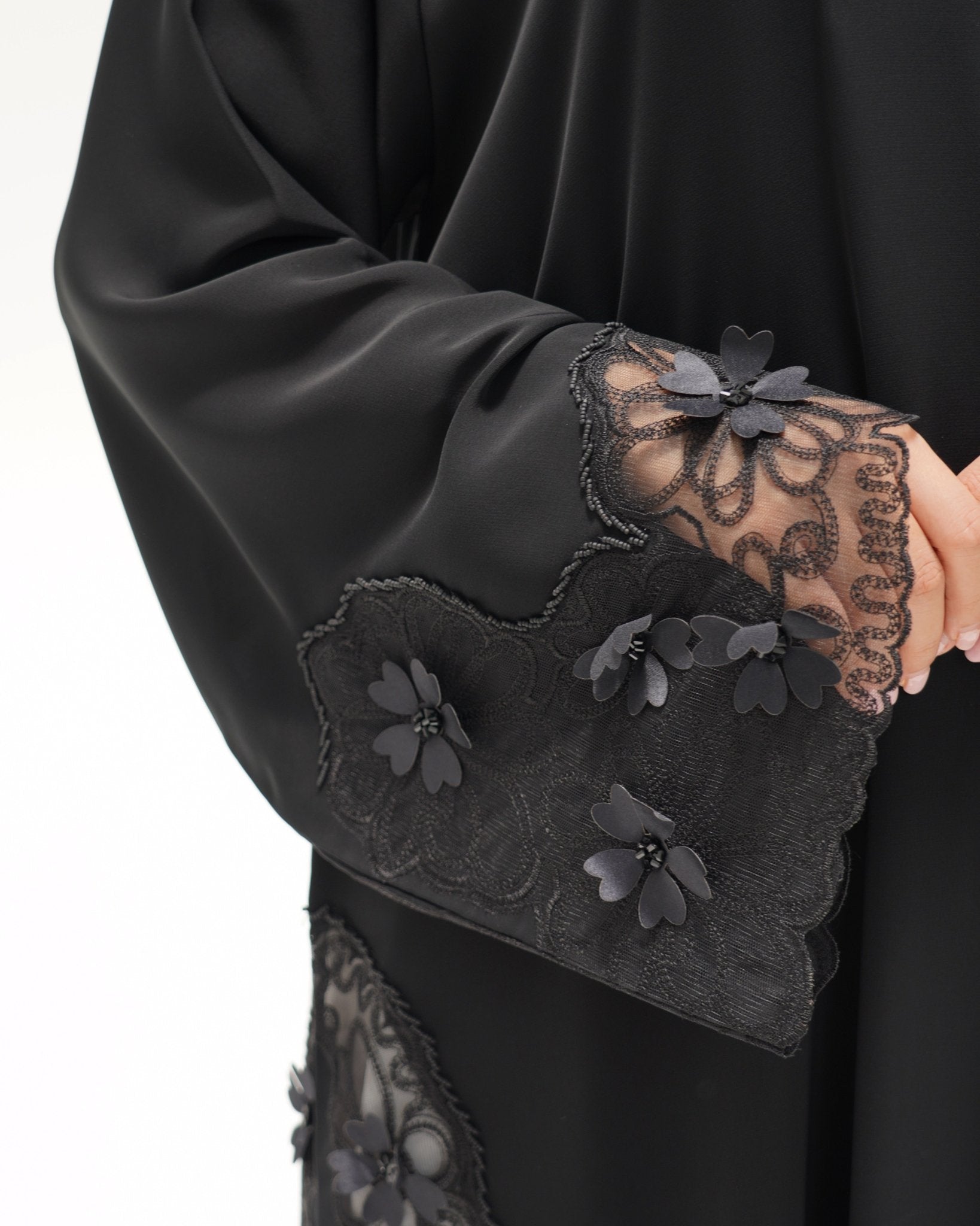 R325 Black LaserCut Floral Embroidery Lace Abaya Abaya for Women UAE – Abaya – Rutba Fashion Abaya