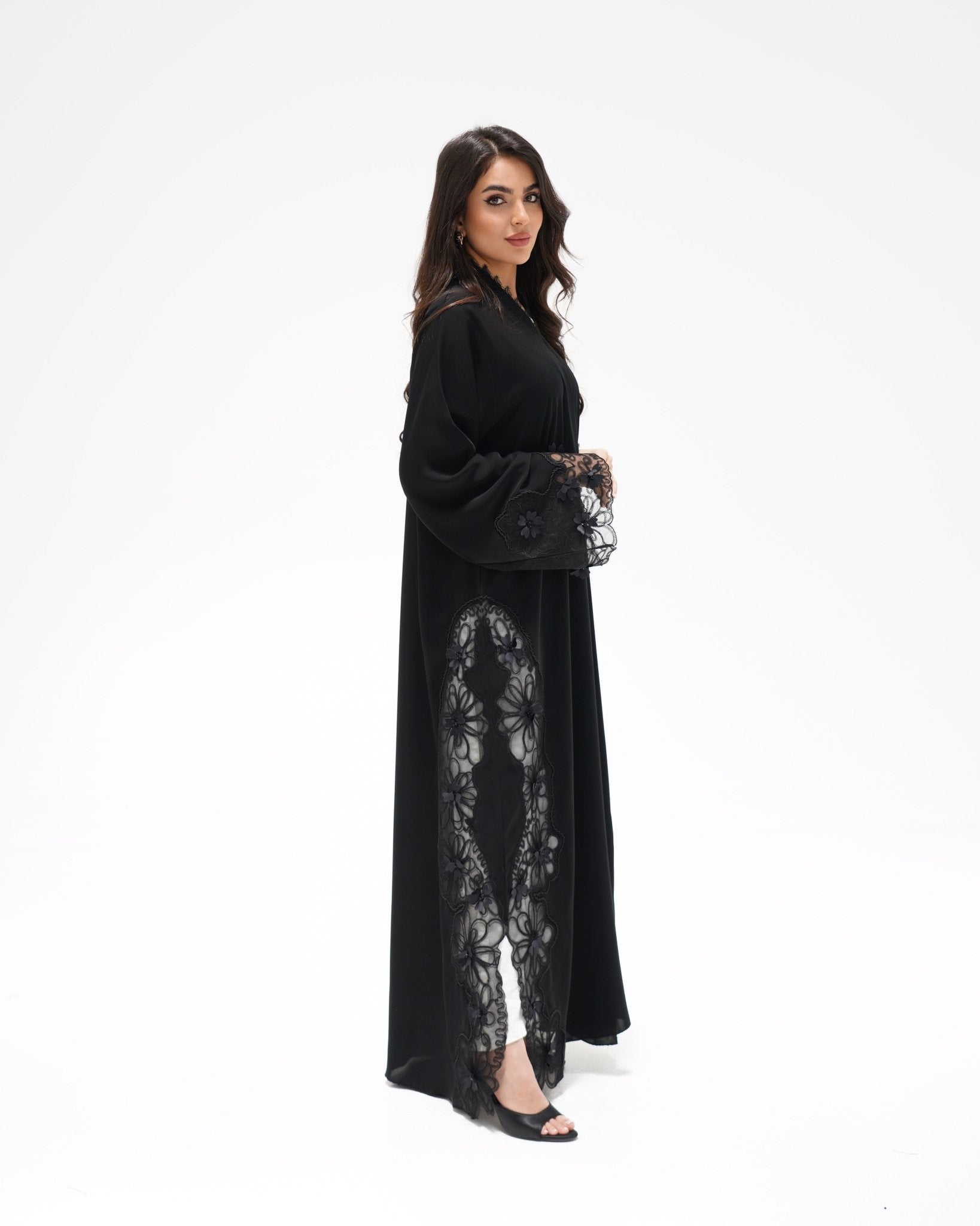R325 Black LaserCut Floral Embroidery Lace Abaya Abaya for Women UAE – Abaya – Rutba Fashion Abaya