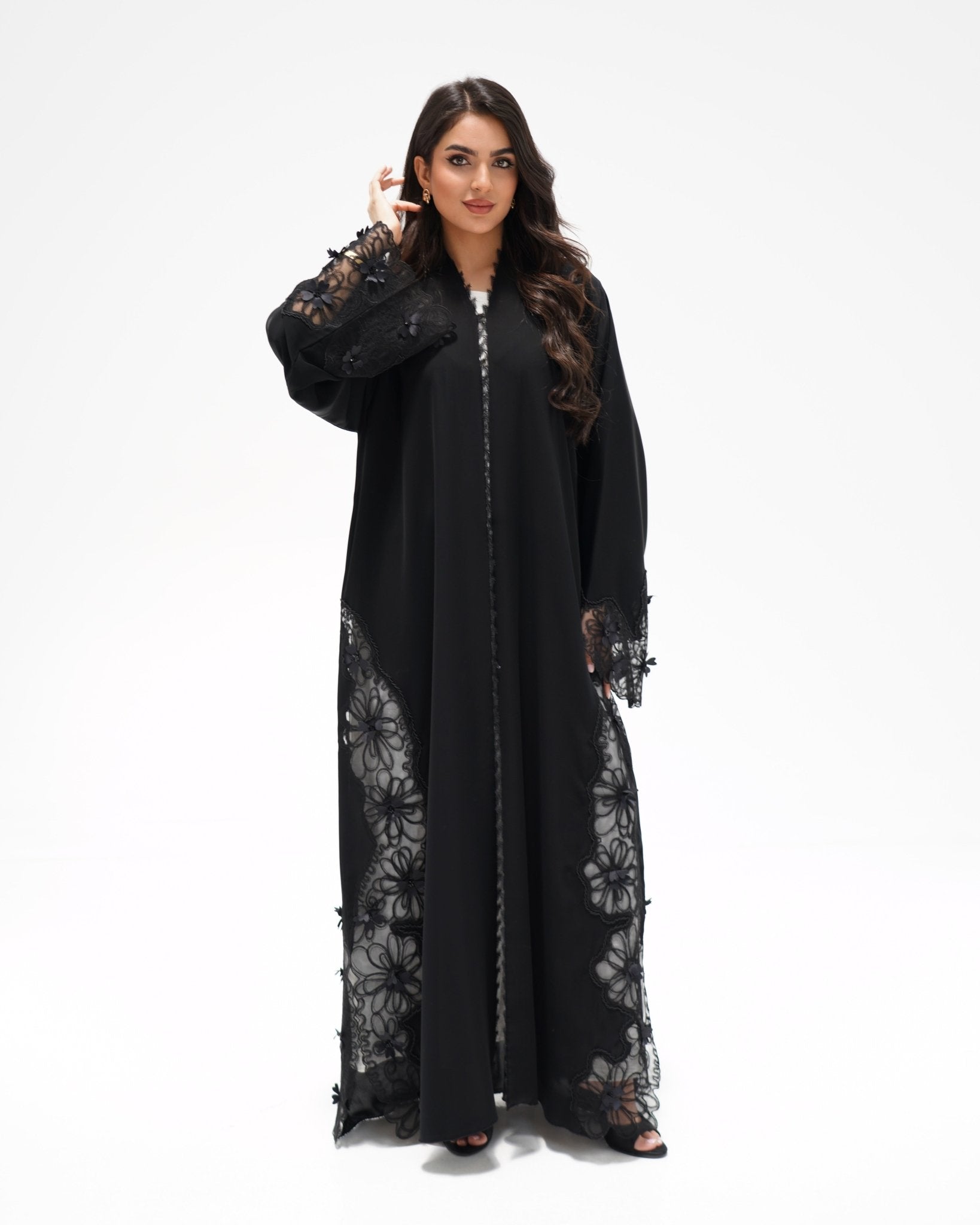 R325 Black LaserCut Floral Embroidery Lace Abaya Abaya for Women UAE – Abaya – Rutba Fashion Abaya