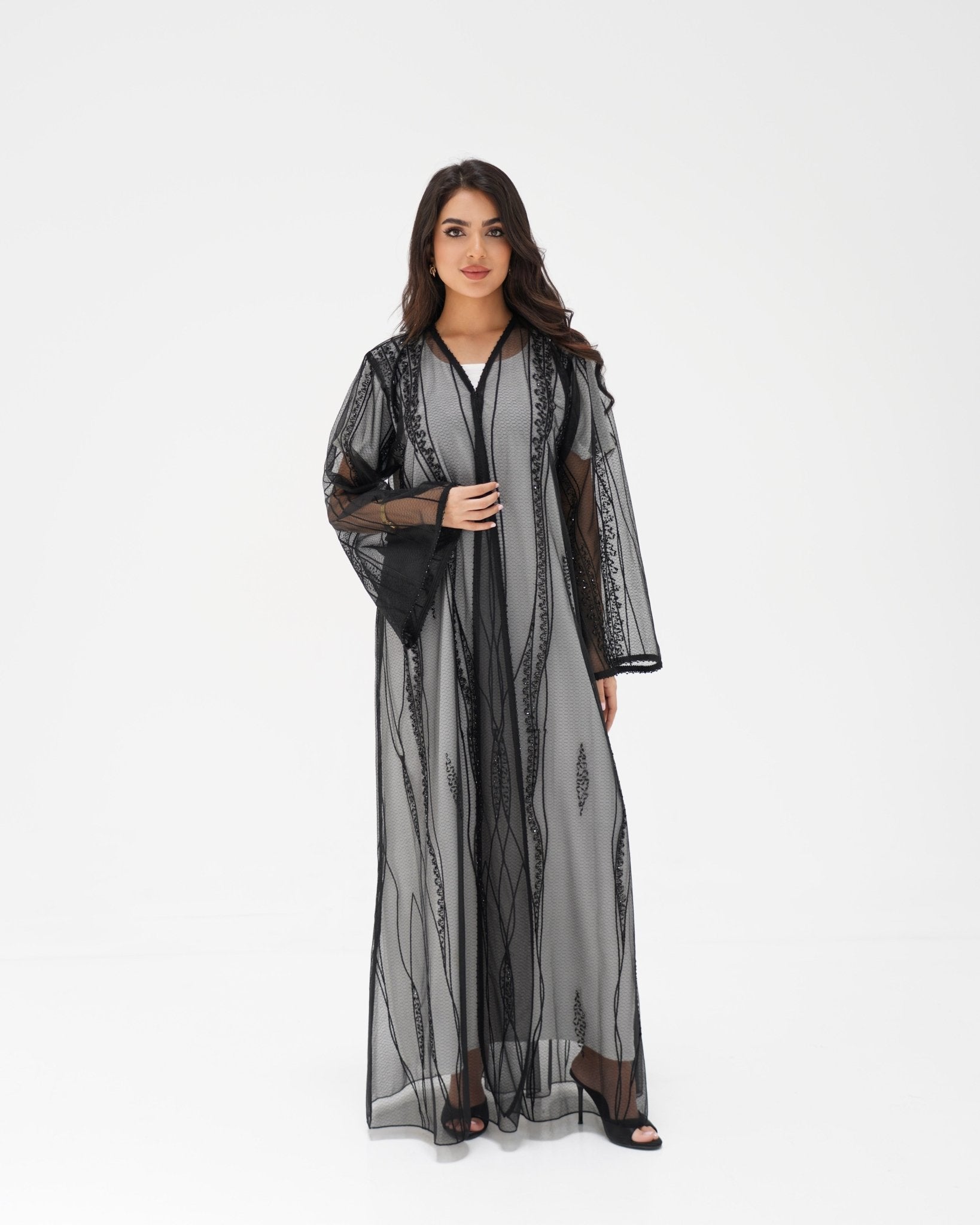 R326 Black Diamond Net Embroidery Beaded Abaya Abaya for Women UAE – Abaya – Rutba Fashion Abaya
