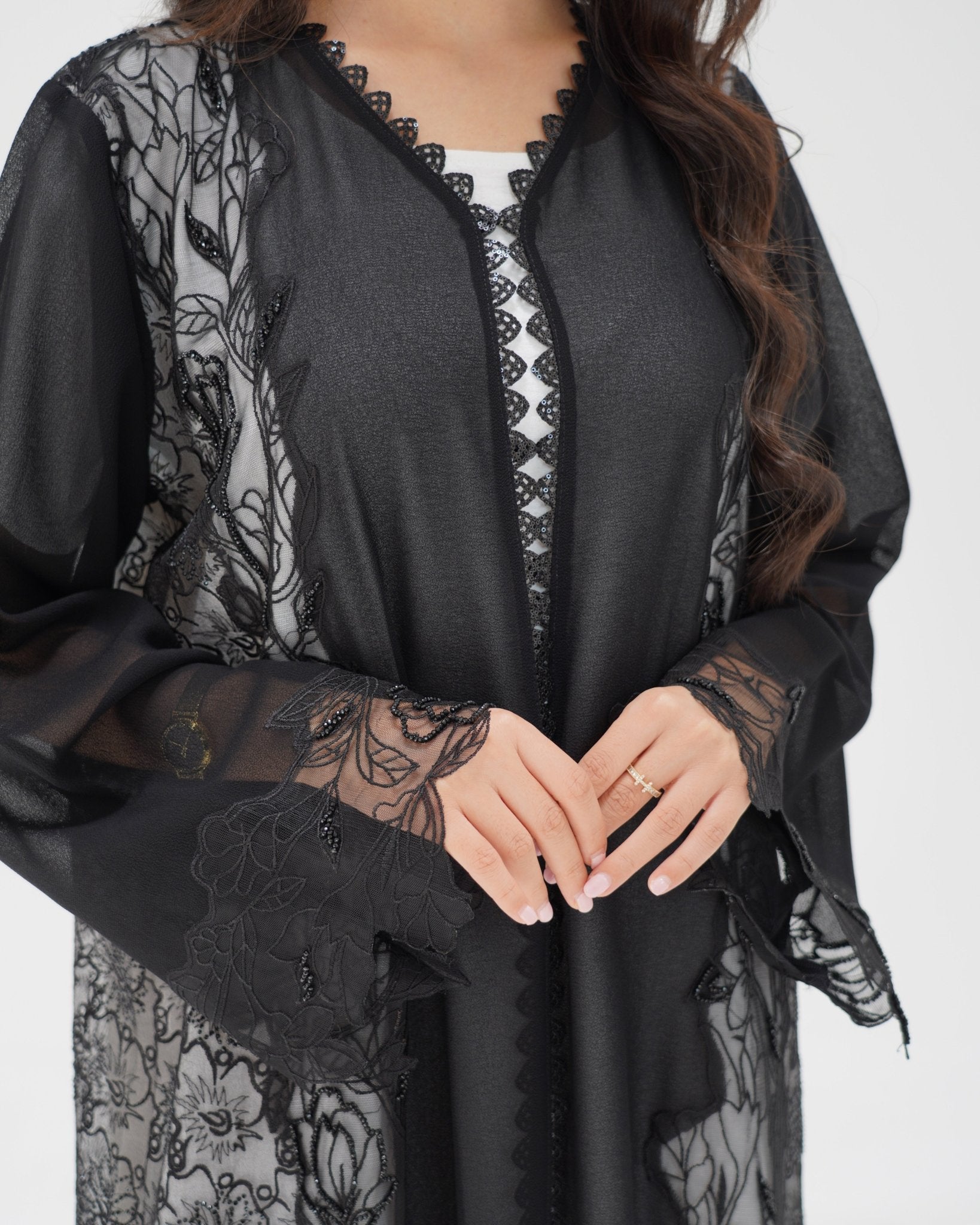 R327 Black Floral Dantel Embroidery Beaded Abaya Abaya for Women UAE – Abaya – Rutba Fashion Abaya
