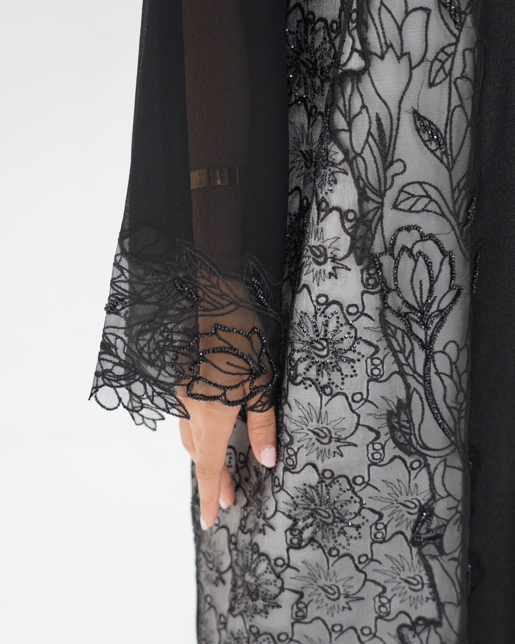 R327 Black Floral Dantel Embroidery Beaded Abaya Abaya for Women UAE – Abaya – Rutba Fashion Abaya