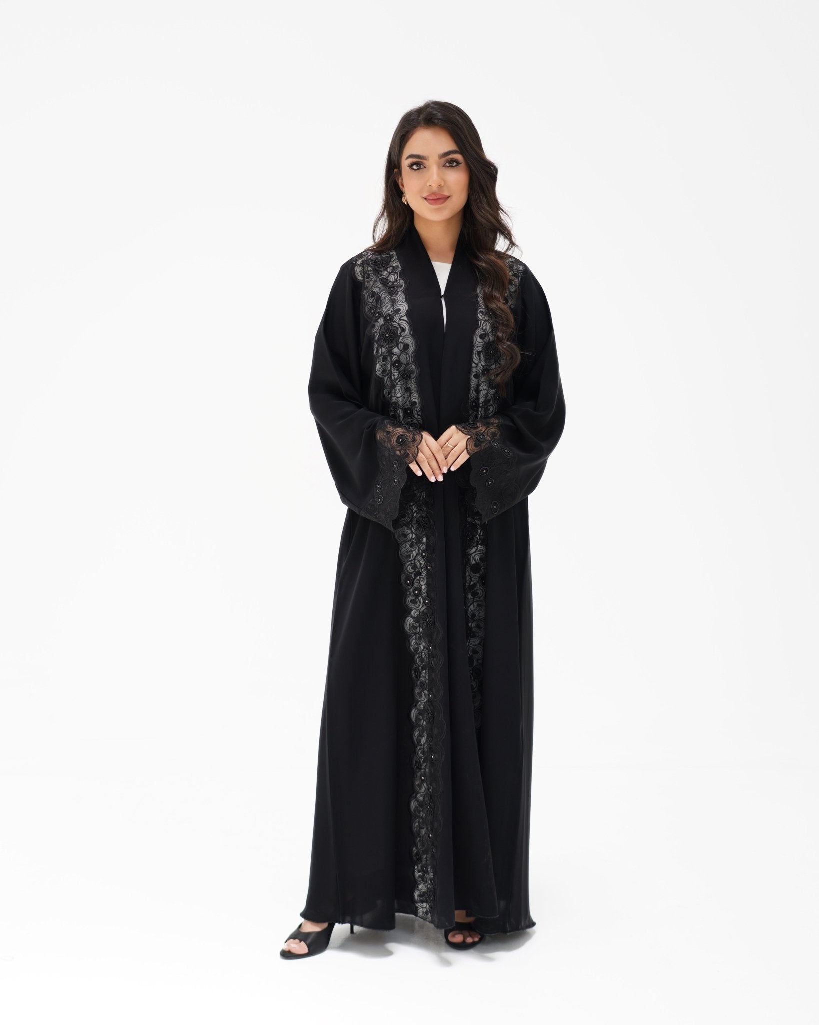 R327 Black Floral Dantel Embroidery Beaded Abaya Abaya for Women UAE – Abaya – Rutba Fashion Abaya