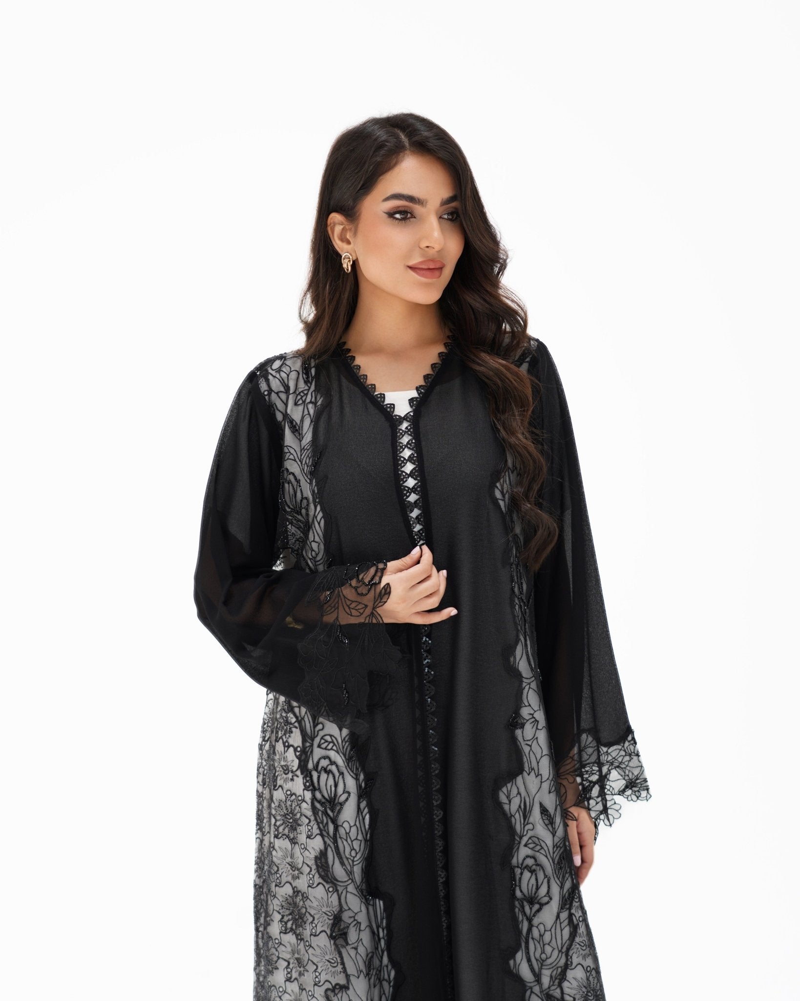 R327 Black Floral Dantel Embroidery Beaded Abaya Abaya for Women UAE – Abaya – Rutba Fashion Abaya