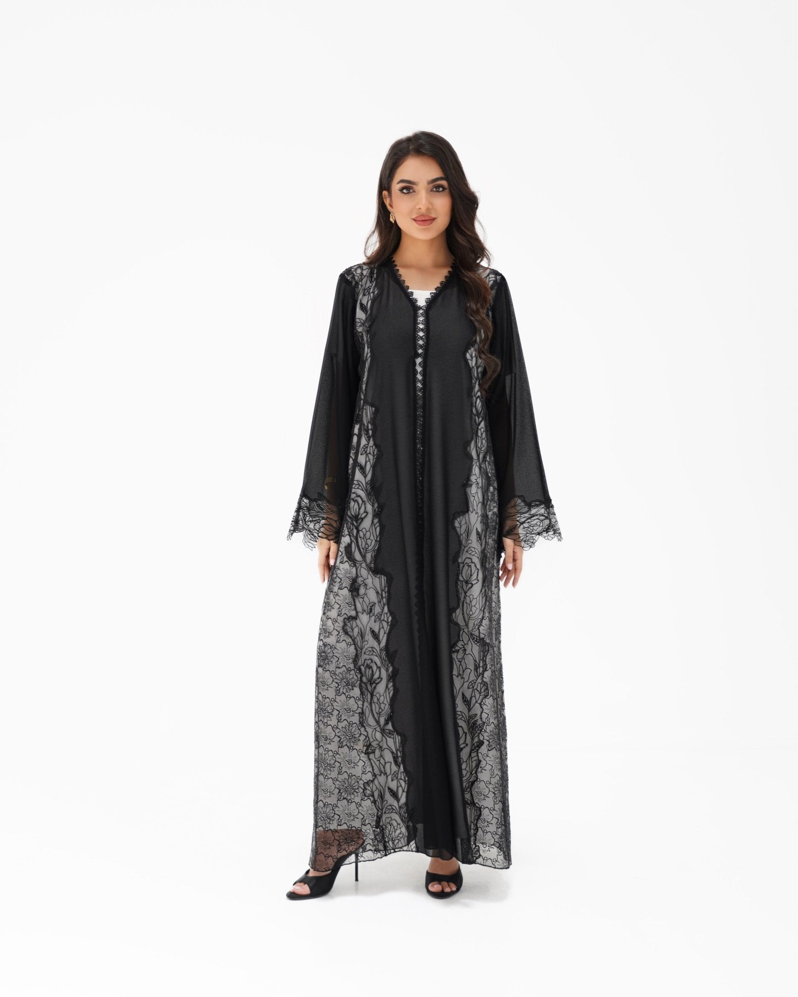 R327 Black Floral Dantel Embroidery Beaded Abaya Abaya for Women UAE – Abaya – Rutba Fashion Abaya