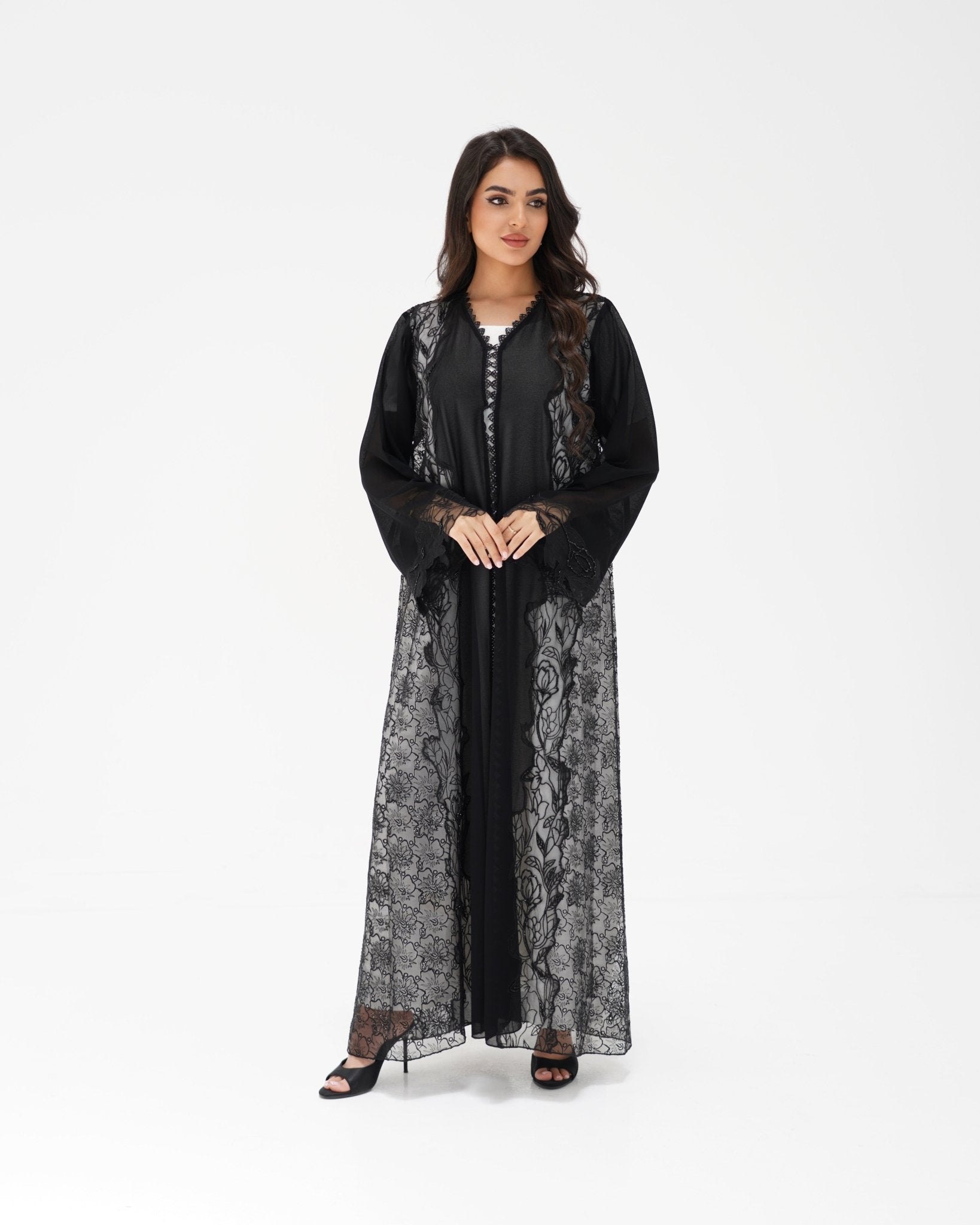 R327 Black Floral Dantel Embroidery Beaded Abaya Abaya for Women UAE – Abaya – Rutba Fashion Abaya