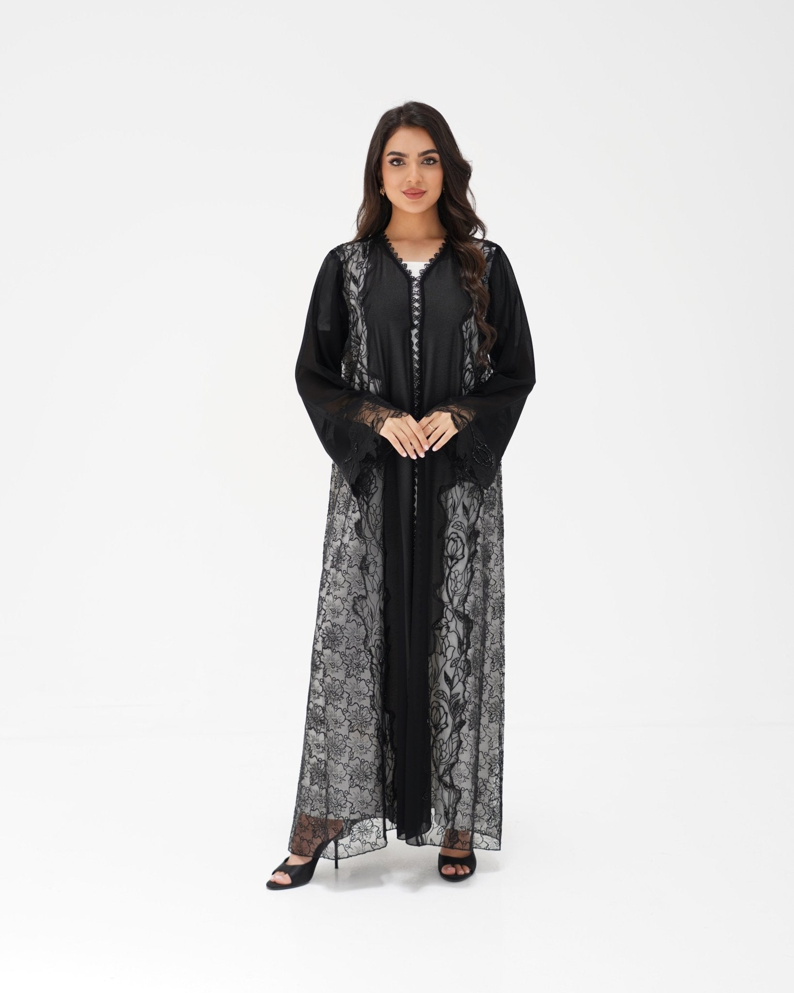 R327 Black Floral Dantel Embroidery Beaded Abaya Abaya for Women UAE – Abaya – Rutba Fashion Abaya