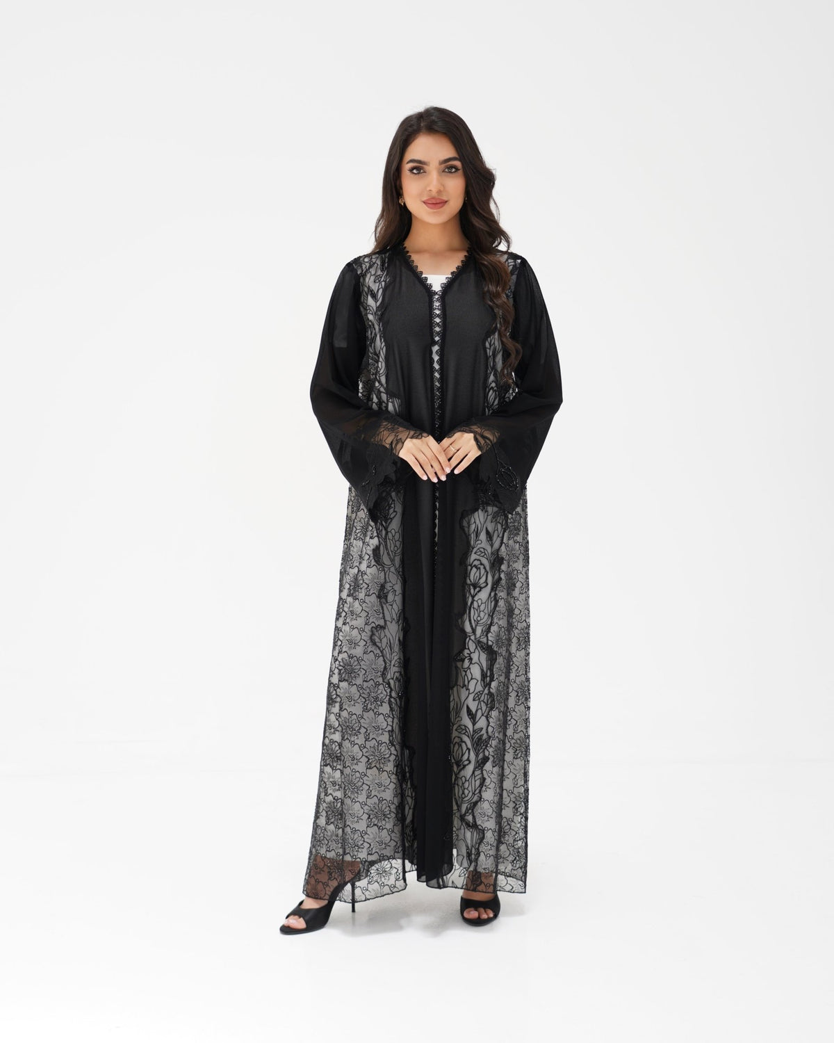 R327 Black Floral Dantel Embroidery Beaded Abaya Abaya for Women UAE – Abaya – Rutba Fashion Abaya