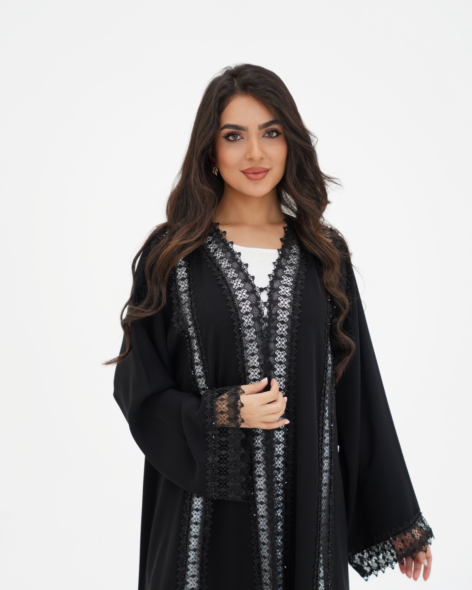 R329 Black Lace Abaya with Faceted Diamond Beads Abaya for Women UAE – Abaya – Rutba Fashion Abaya