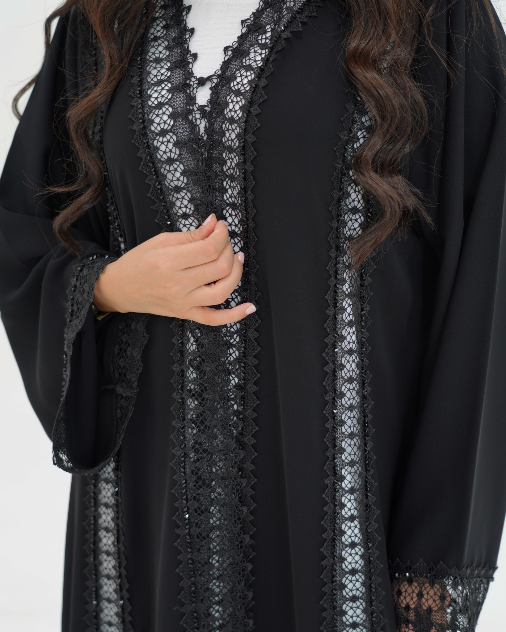 R329 Black Lace Abaya with Faceted Diamond Beads Abaya for Women UAE – Abaya – Rutba Fashion Abaya