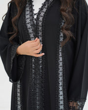 R329 Black Lace Abaya with Faceted Diamond Beads Abaya for Women UAE – Abaya – Rutba Fashion Abaya