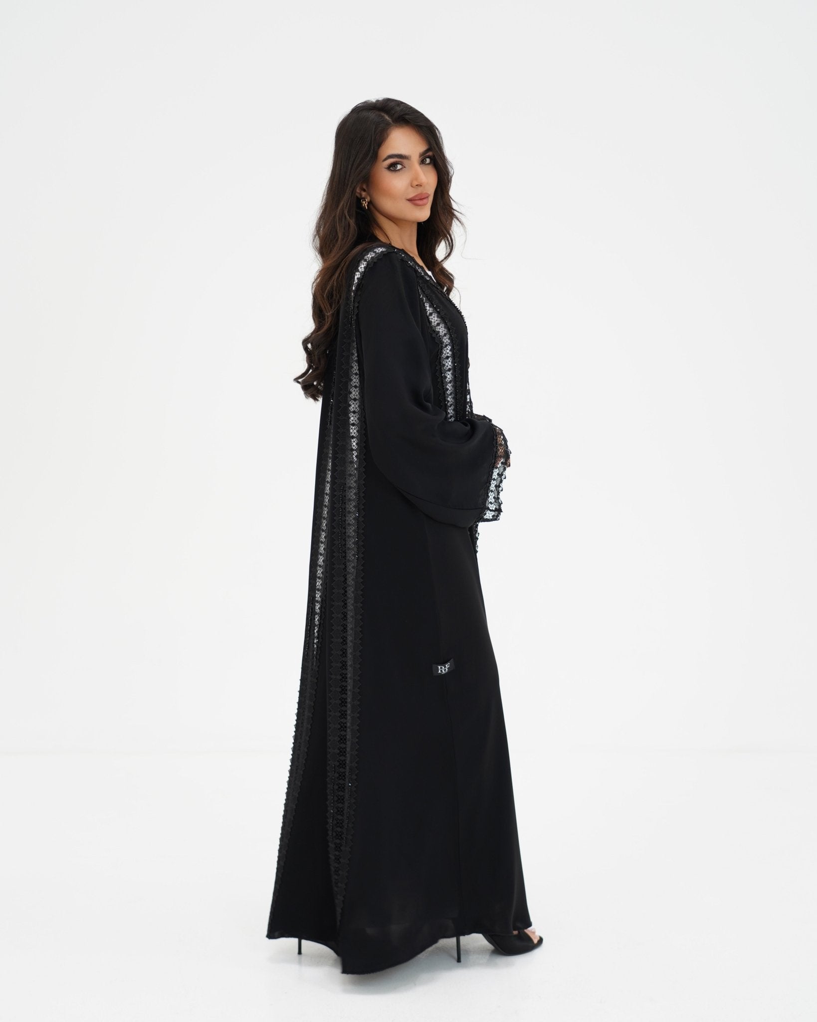 R329 Black Lace Abaya with Faceted Diamond Beads Abaya for Women UAE – Abaya – Rutba Fashion Abaya