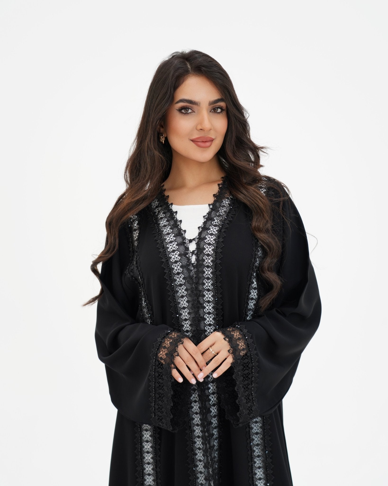 R329 Black Lace Abaya with Faceted Diamond Beads Abaya for Women UAE – Abaya – Rutba Fashion Abaya