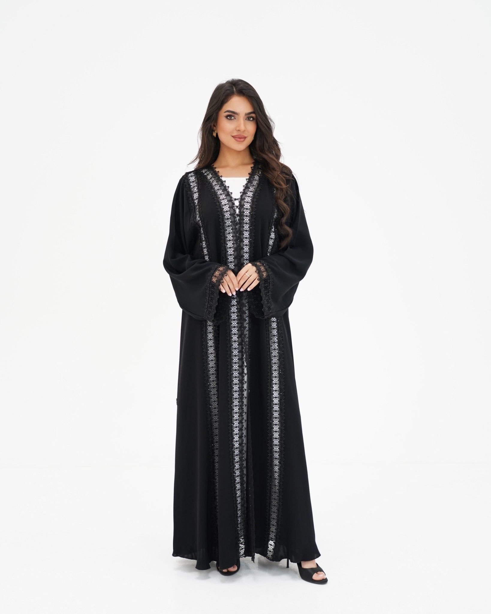 R329 Black Lace Abaya with Faceted Diamond Beads Abaya for Women UAE – Abaya – Rutba Fashion Abaya