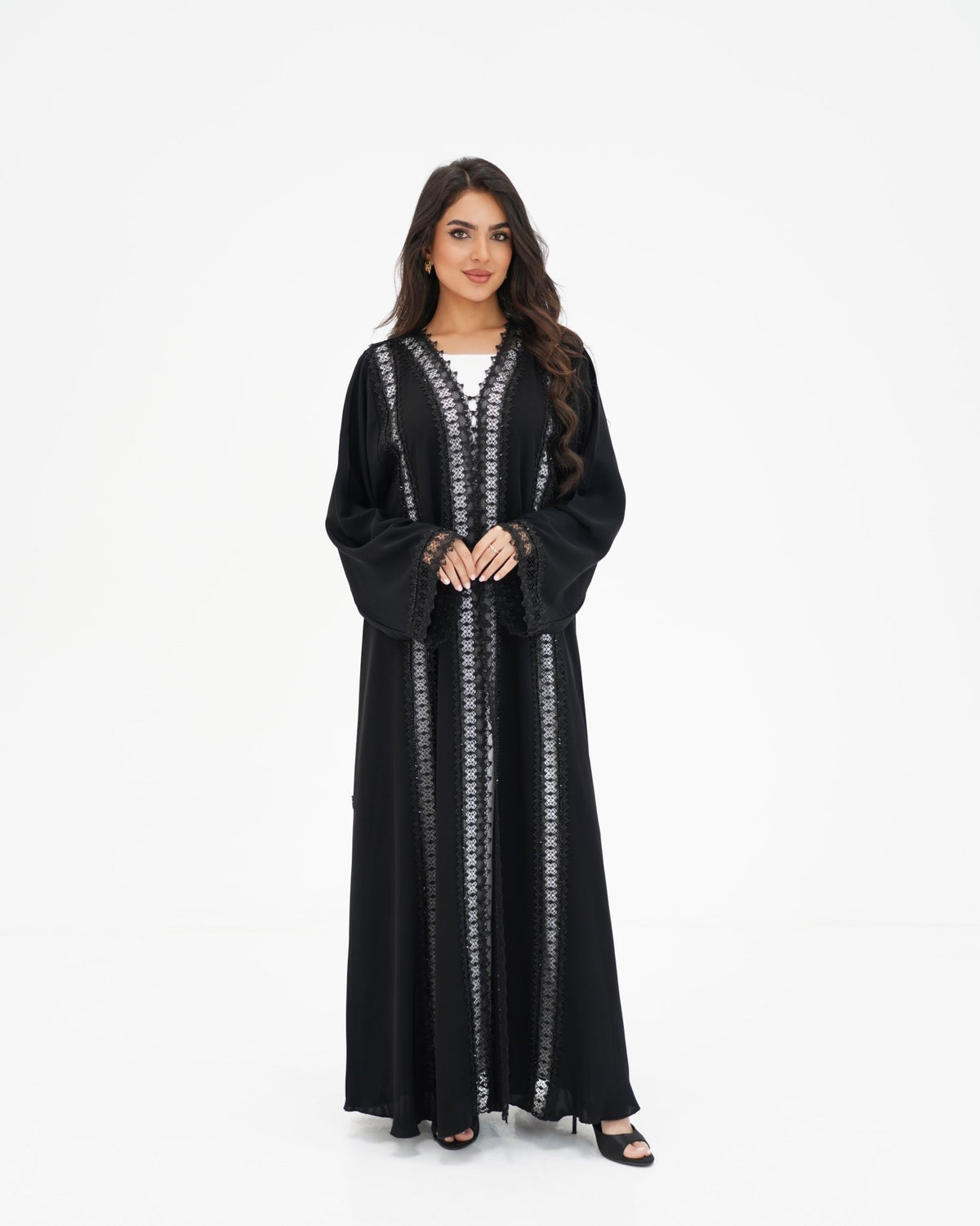 R329 Black Lace Abaya with Faceted Diamond Beads Abaya for Women UAE – Abaya – Rutba Fashion Abaya