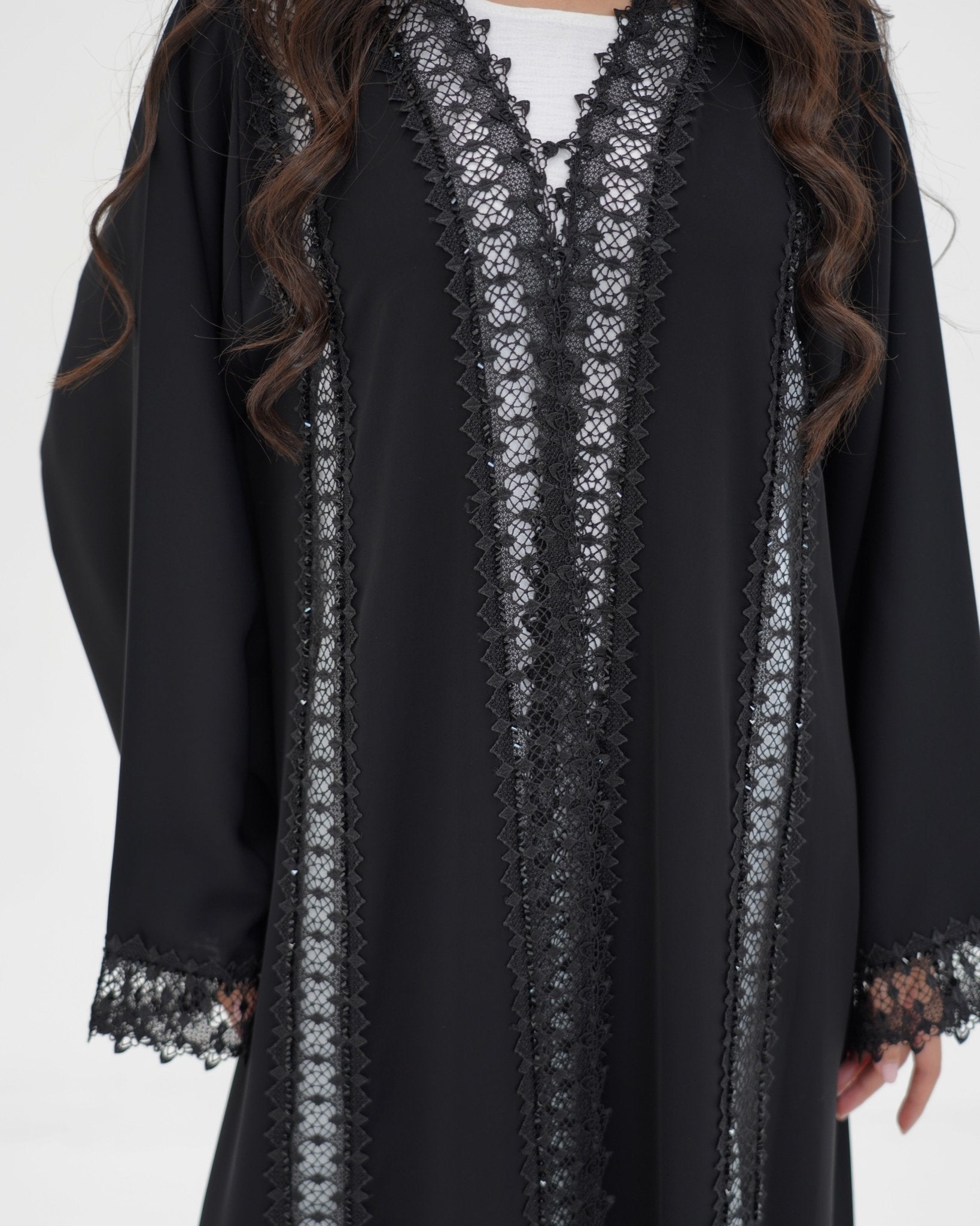 R329 Black Lace Abaya with Faceted Diamond Beads Abaya for Women UAE – Abaya – Rutba Fashion Abaya