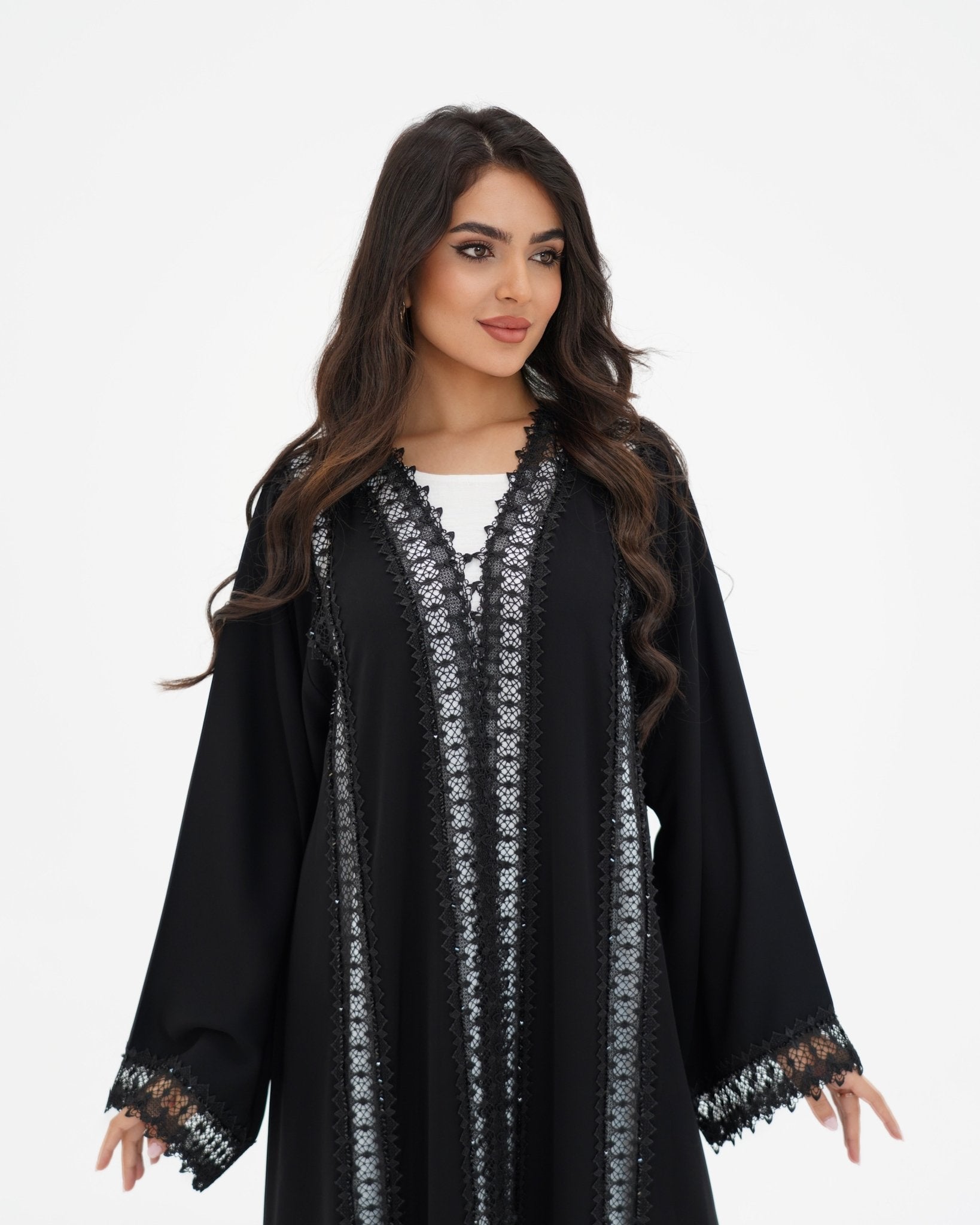 R329 Black Lace Abaya with Faceted Diamond Beads Abaya for Women UAE – Abaya – Rutba Fashion Abaya