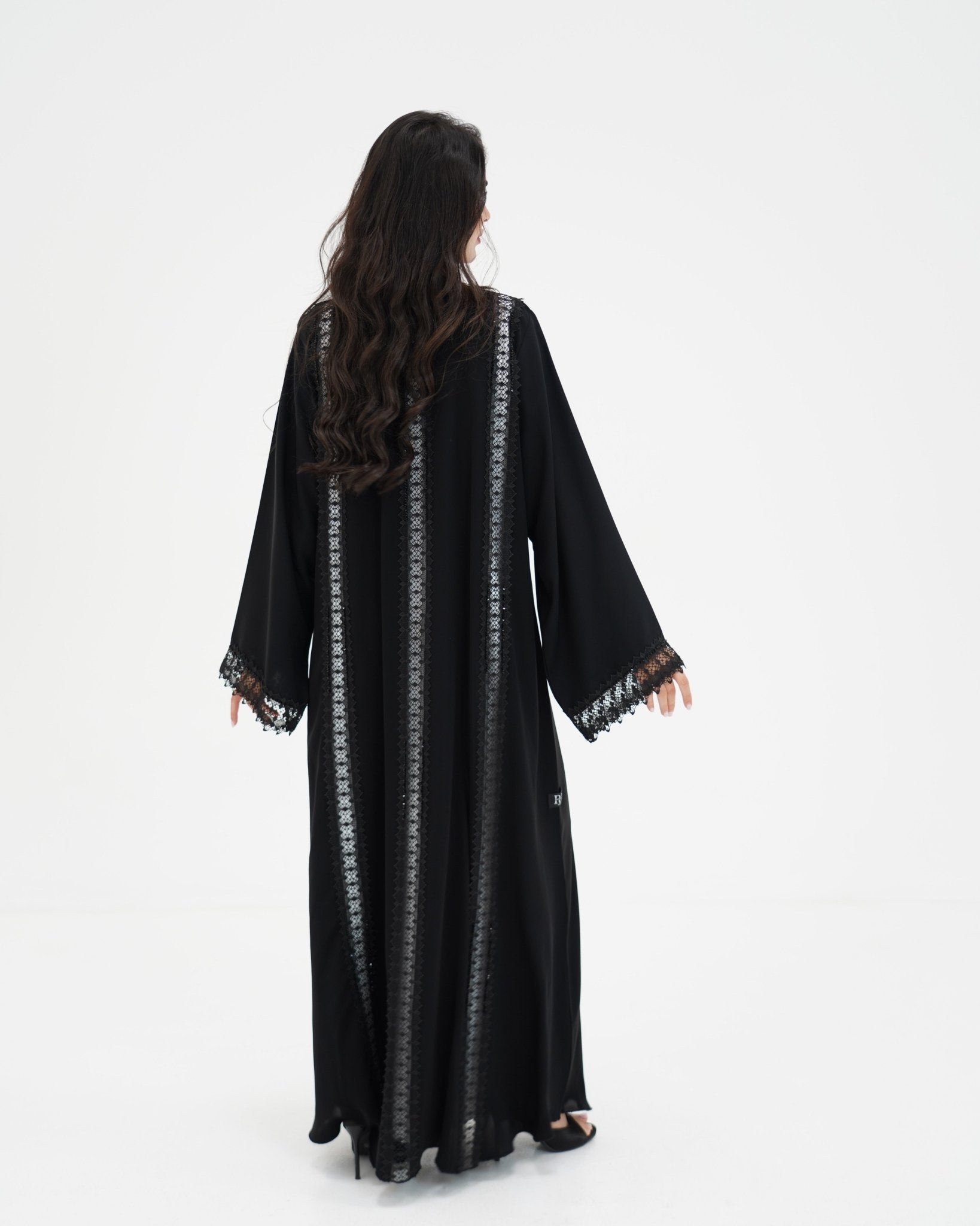 R329 Black Lace Abaya with Faceted Diamond Beads Abaya for Women UAE – Abaya – Rutba Fashion Abaya