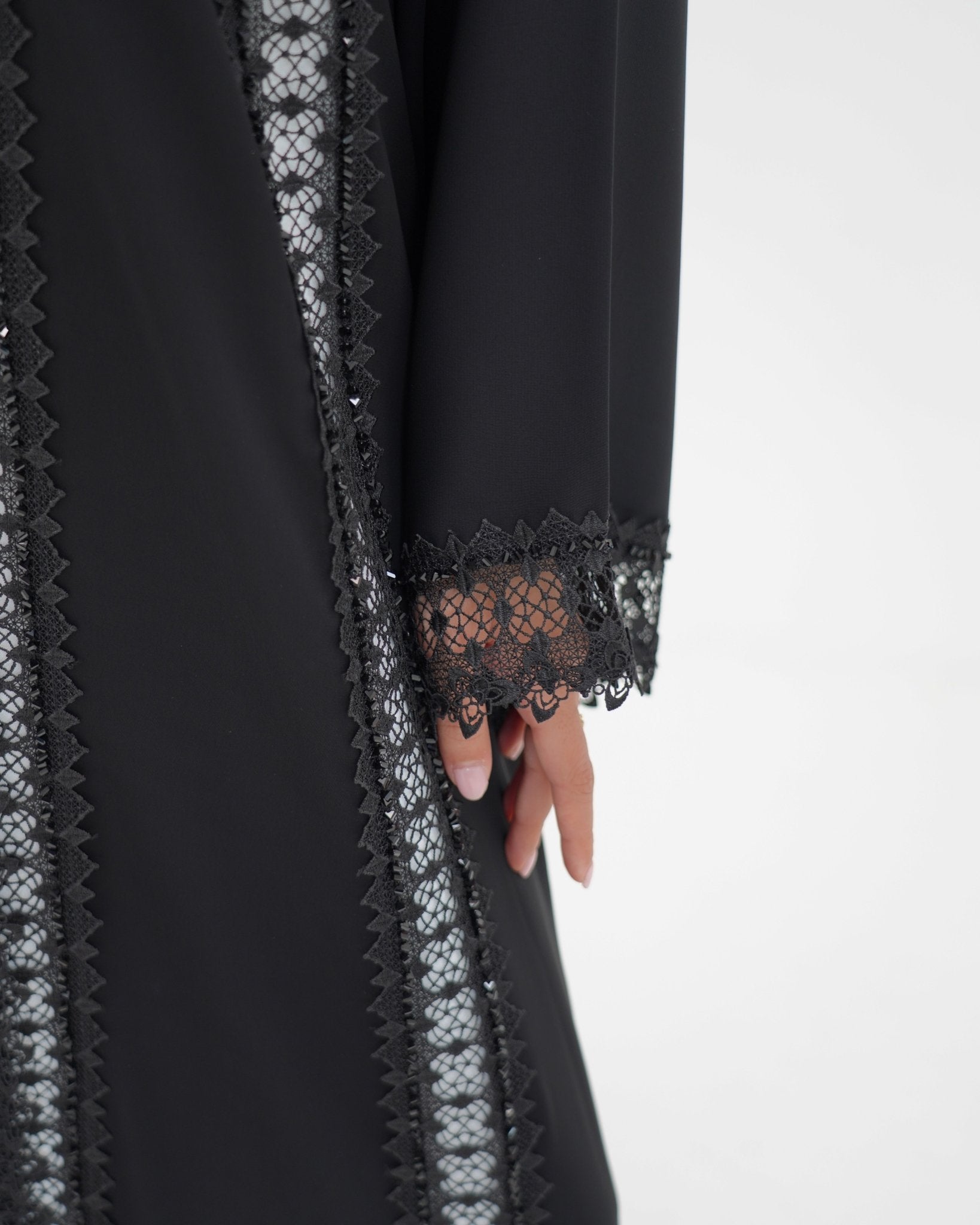 R329 Black Lace Abaya with Faceted Diamond Beads Abaya for Women UAE – Abaya – Rutba Fashion Abaya