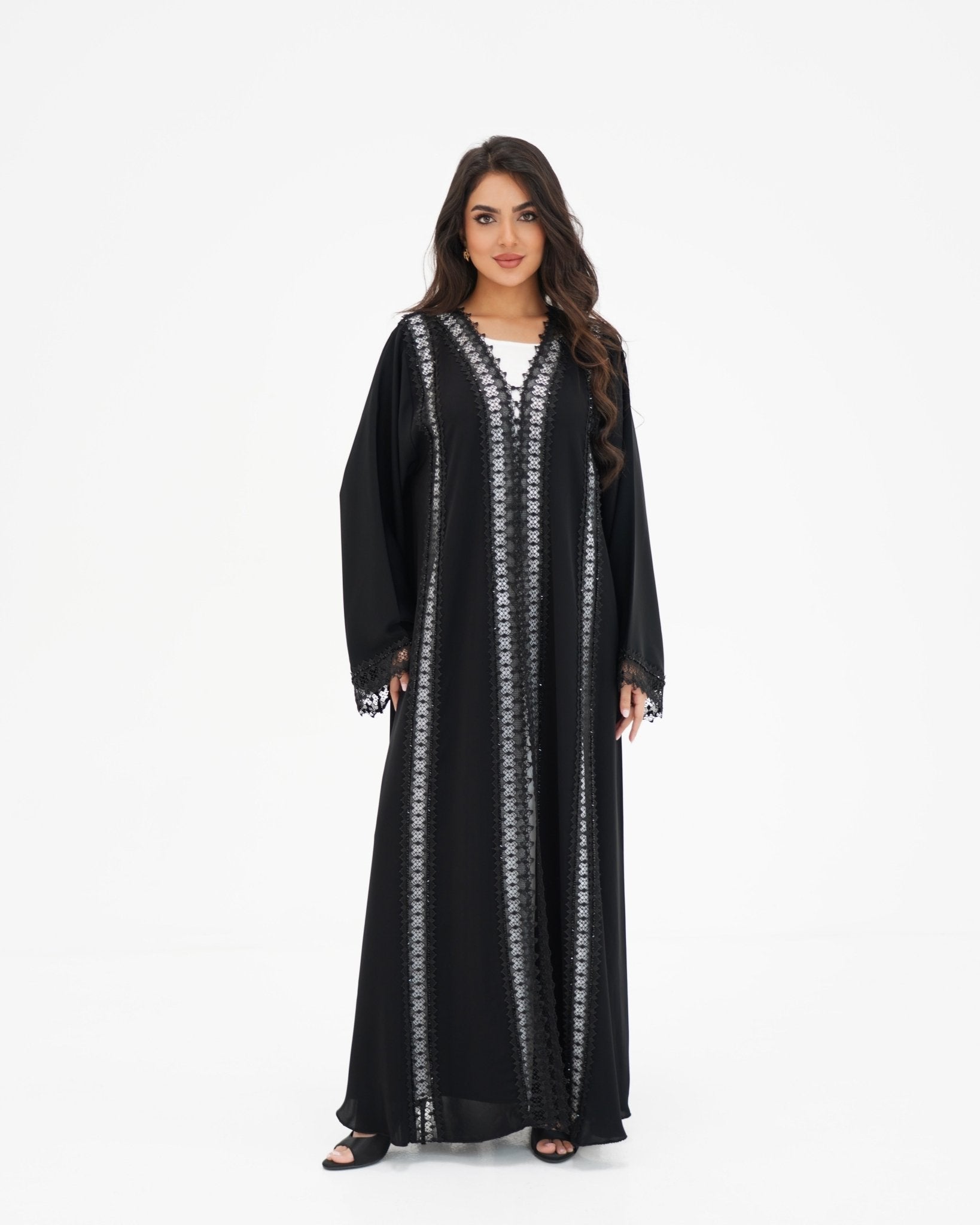 R329 Black Lace Abaya with Faceted Diamond Beads Abaya for Women UAE – Abaya – Rutba Fashion Abaya